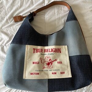 True Religion Blue Patchwork Bag with Brown Strap